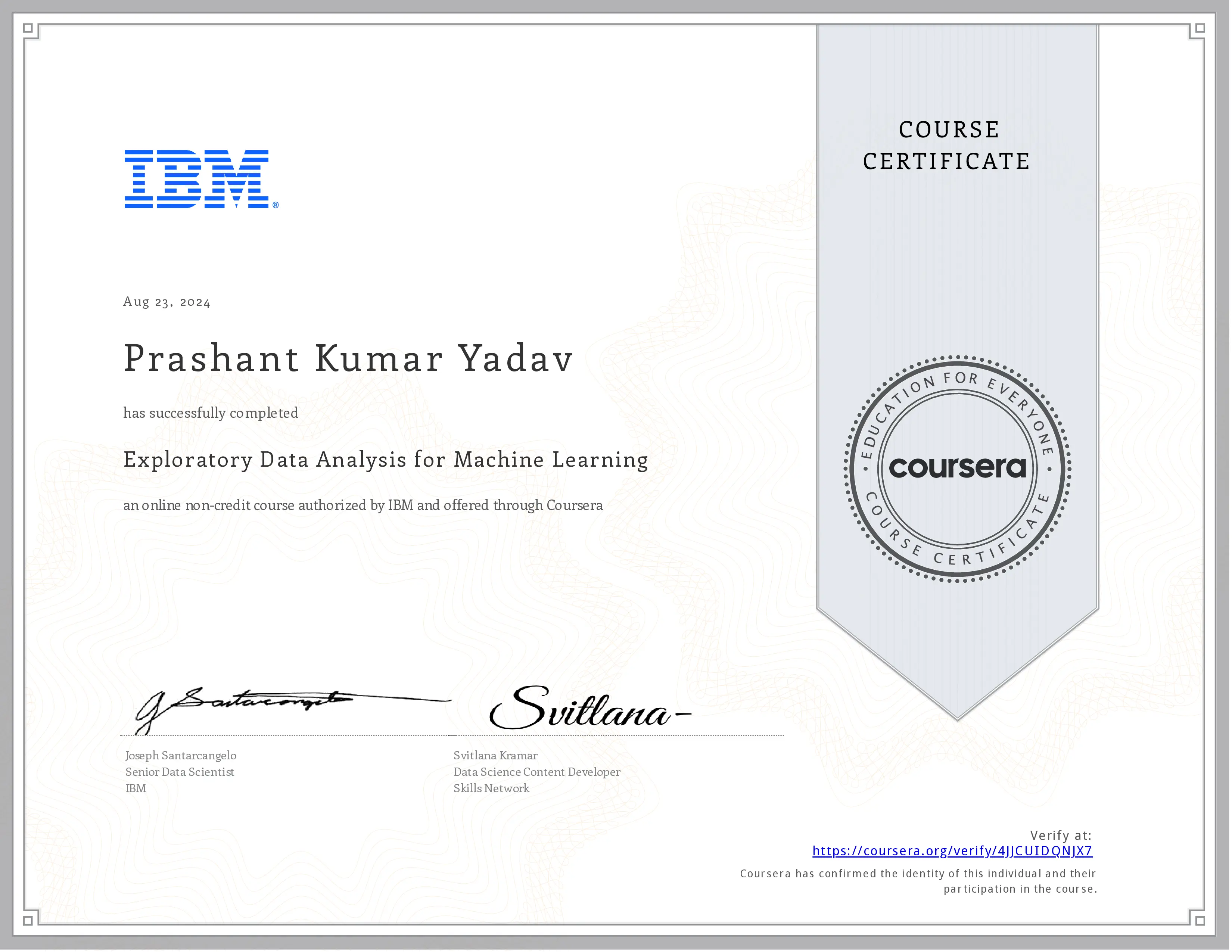 Exploratory Data Analysis for Machine Learning certificate