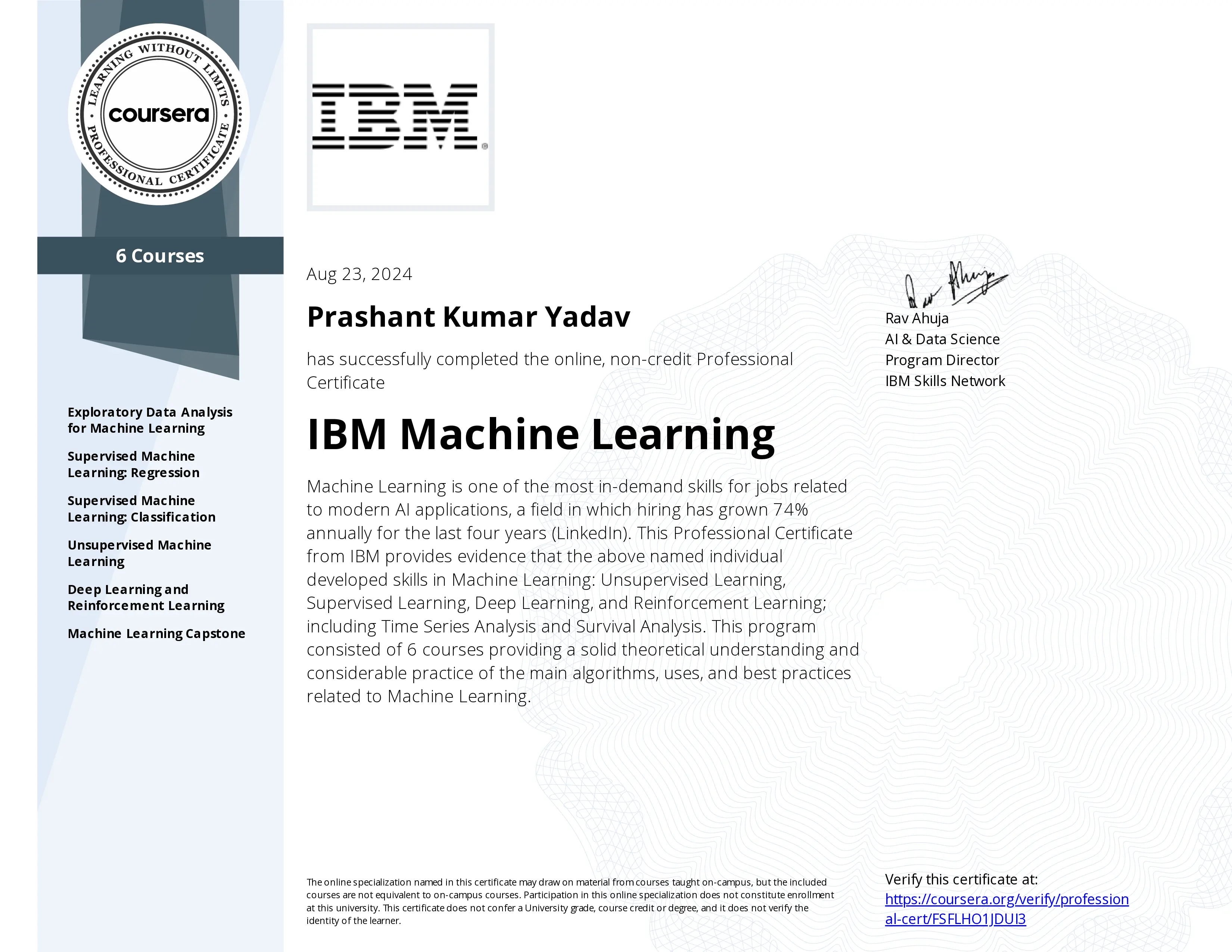 IBM Machine Learning certificate