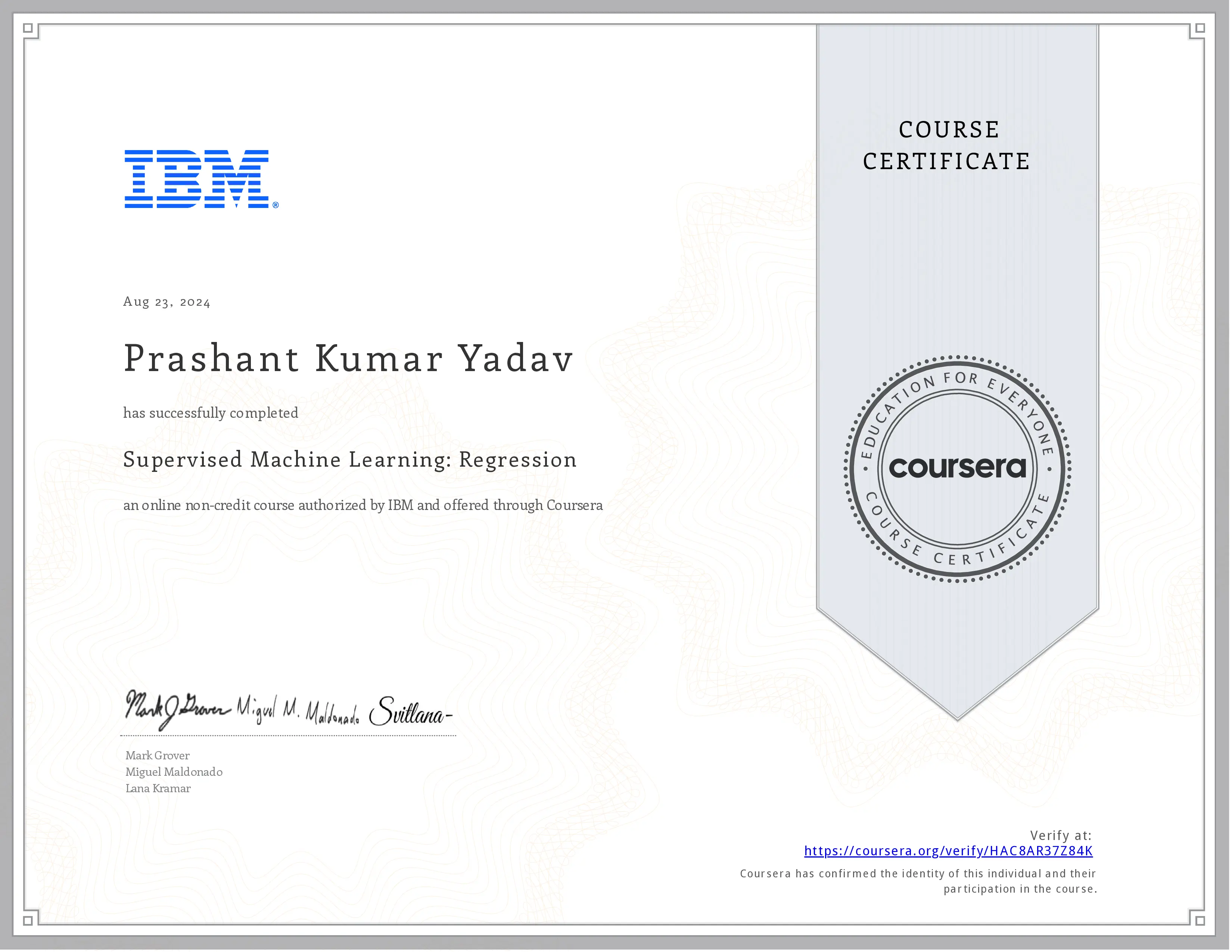 Supervised Machine Learning: Regression certificate