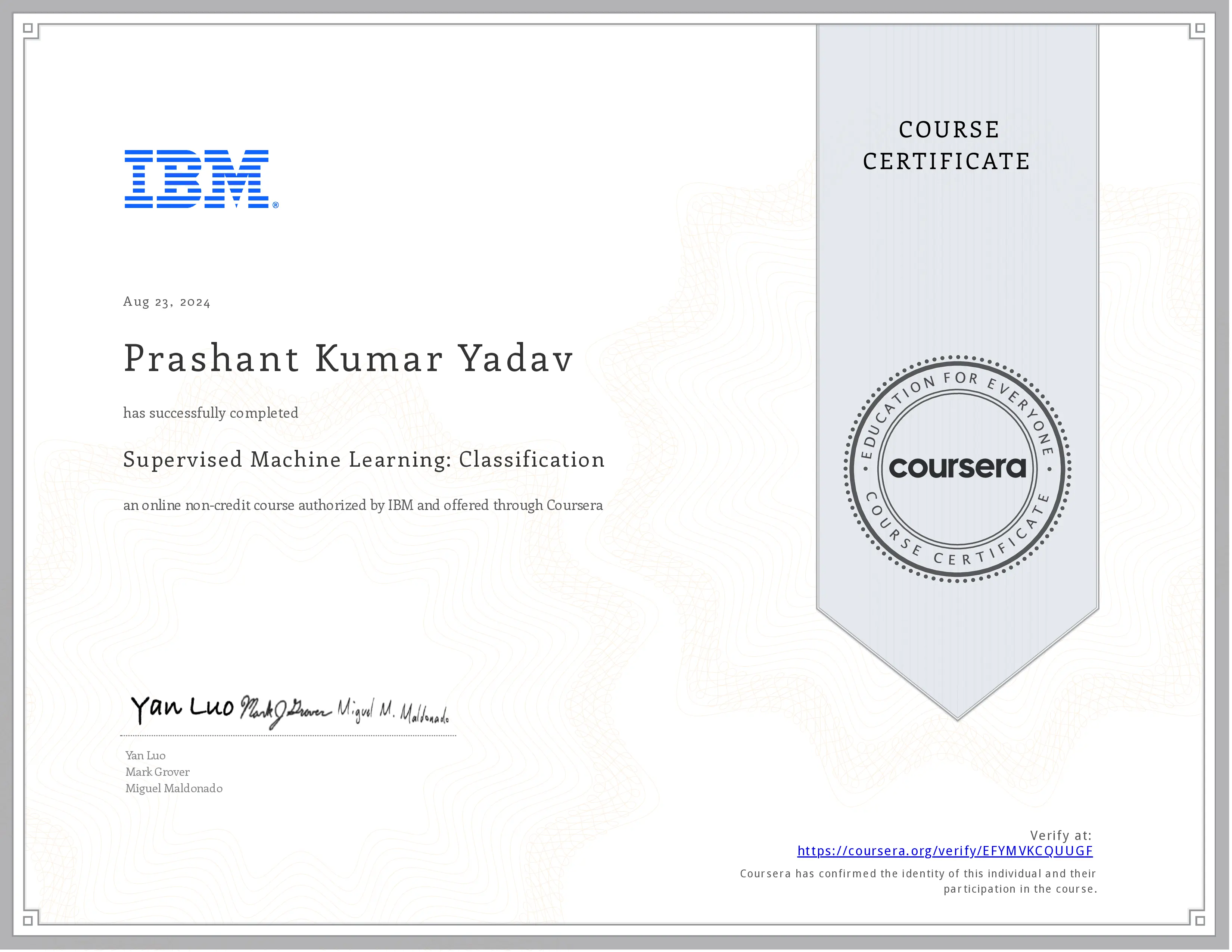 Supervised Machine Learning: Classification certificate
