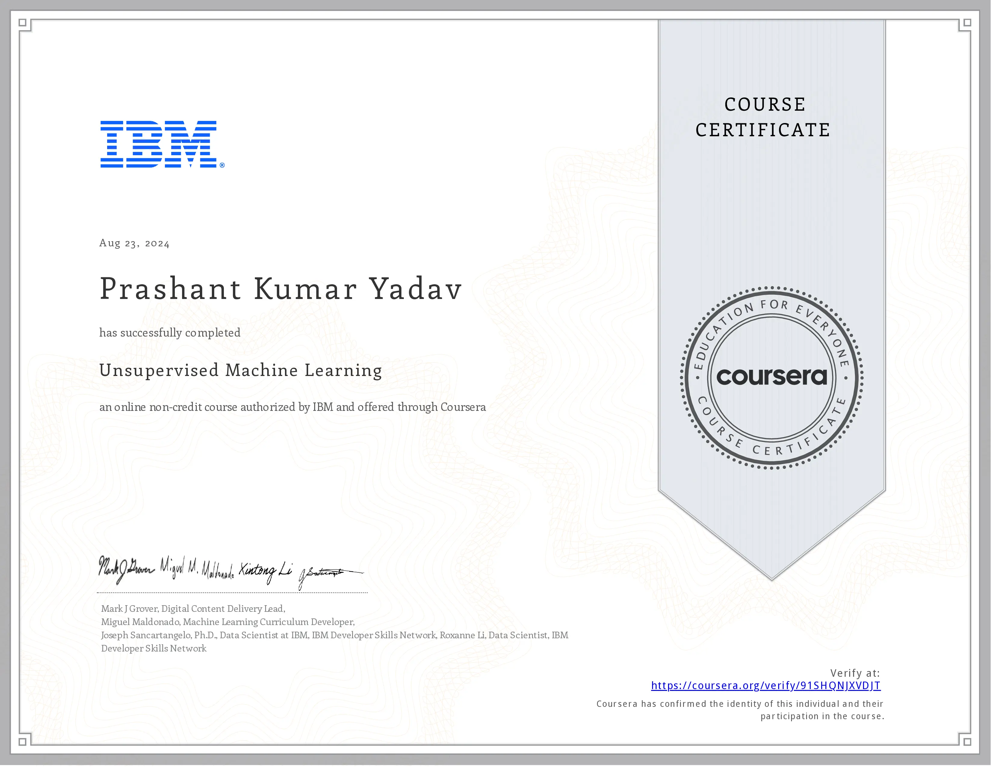 Unsupervised Machine Learning certificate