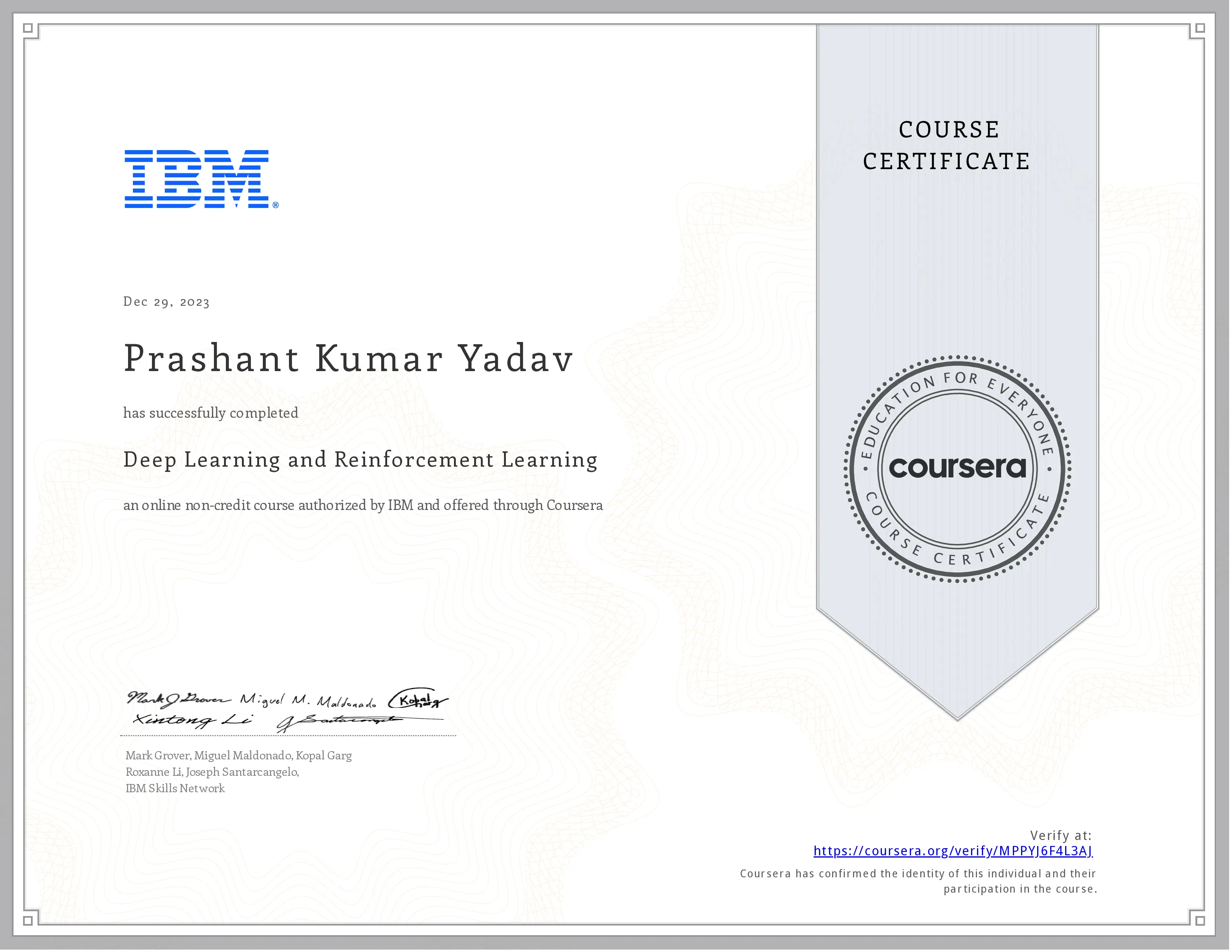 Deep Learning and Reinforcement Learning certificate