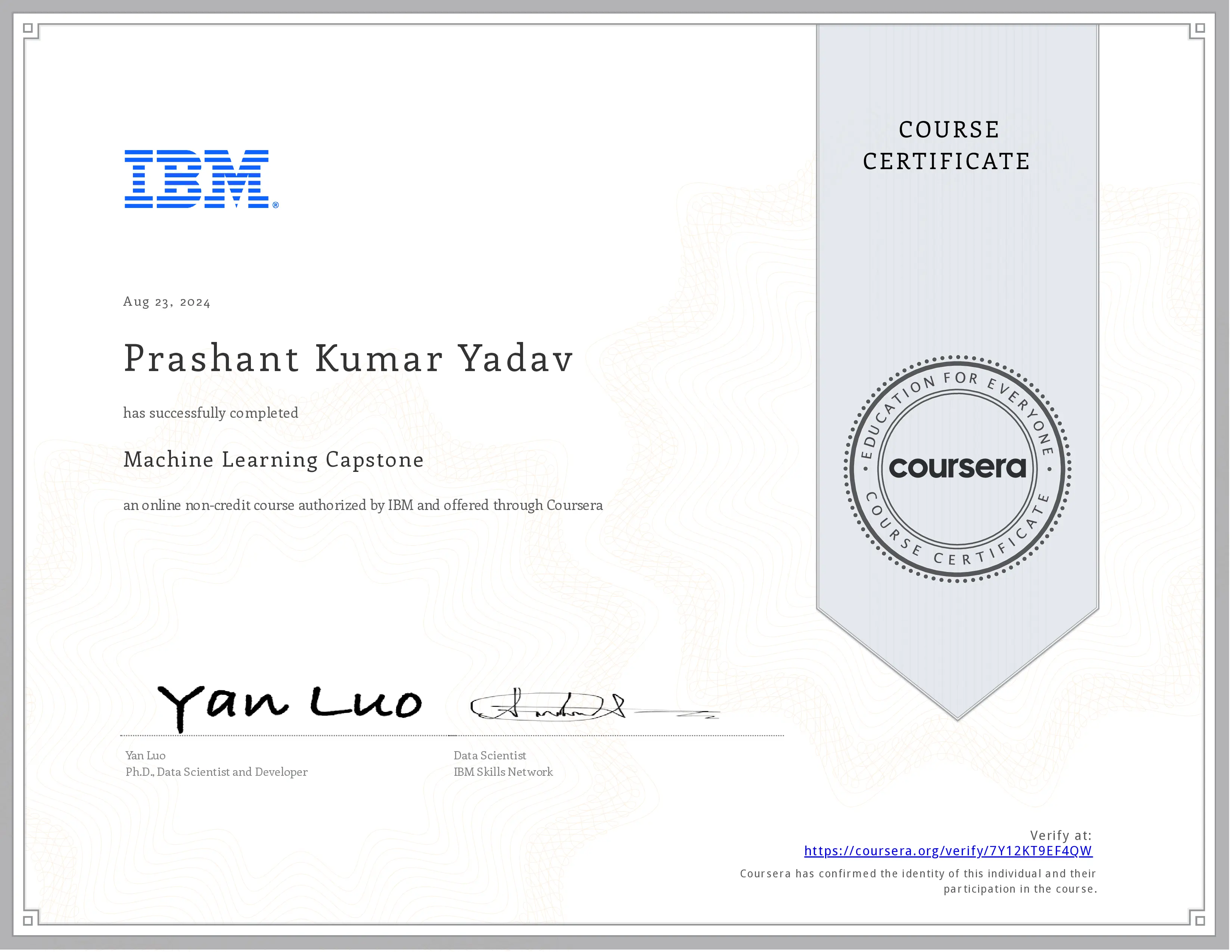 Machine Learning Capstone certificate