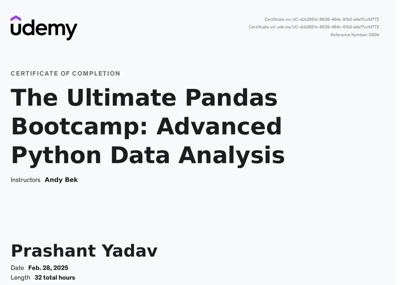 The Ultimate Pandas Bootcamp: Advanced Python Data Analysis certificate