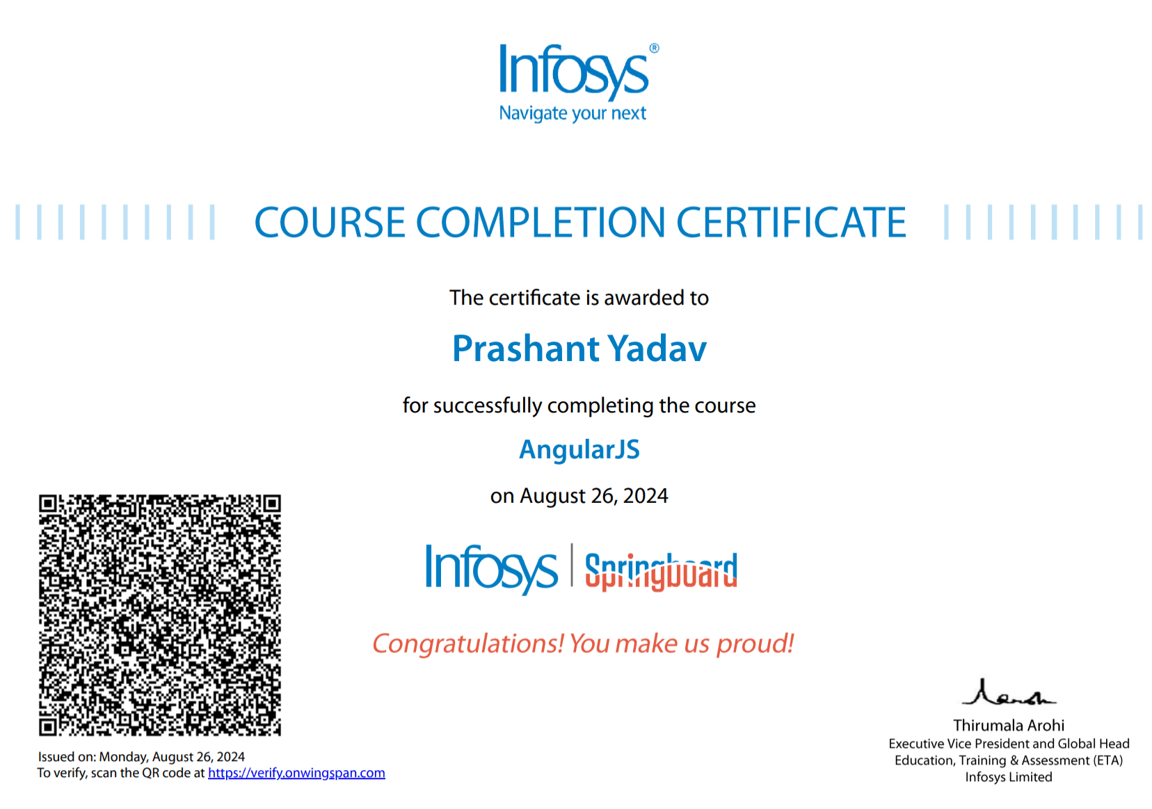 Angular JS Training certificate